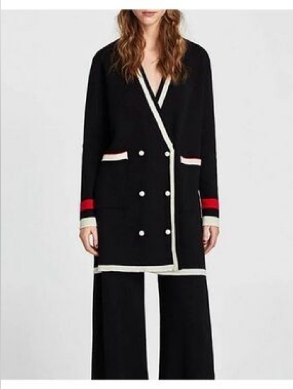 Zara Knit Long Cardigan Jacket Flare Pants Set Pearl Buttons Black L - Picture 2 of 16